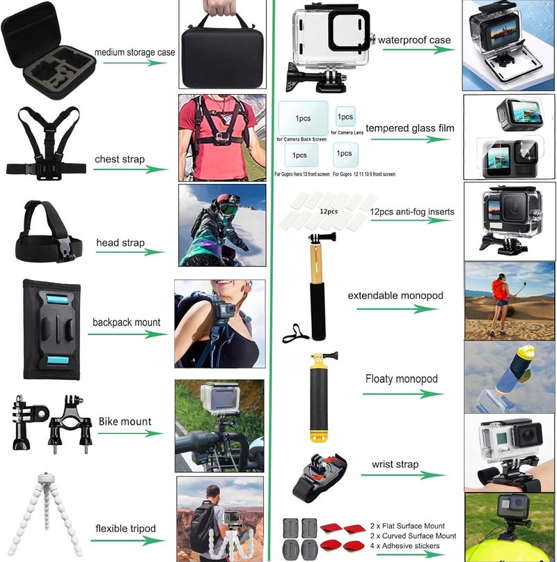 Gurmoir Accessory Kit for Gopro Hero 13 12 11 10 9 Camera, Essential Accessories Kit with Waterproof Case Backpack Strap Floating Grip Bundle Pack for Gopro 13 12 11 10 9 Camera(DT16) - Image 5
